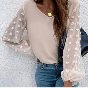SHEIN Cream Sheer Long Sleeve Dots Top V Neck Blouse Small NWOT